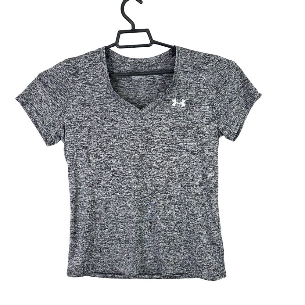 Womens Under Armour Heathered Gray Loose Fit T Shirt V Neck Short Sleeve Size M